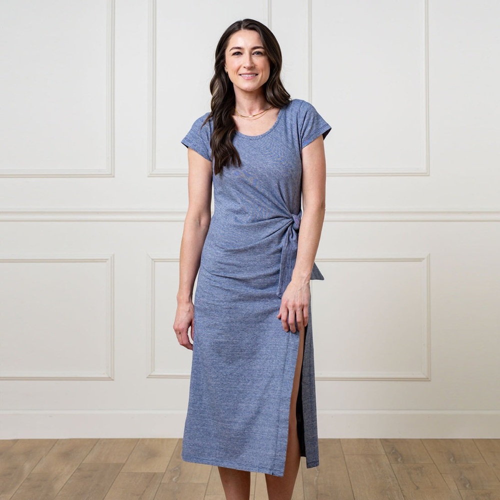 Casual Side-Tie Blue Midi Dress